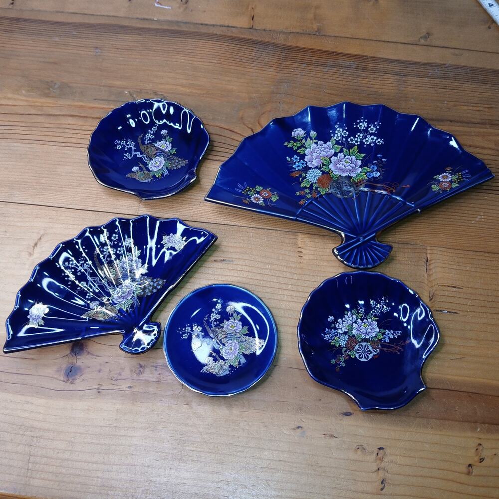 2 VTG Vintage Cobalt Blue Japanese Fans Porcelain 3 trinket dishes LOT. #12